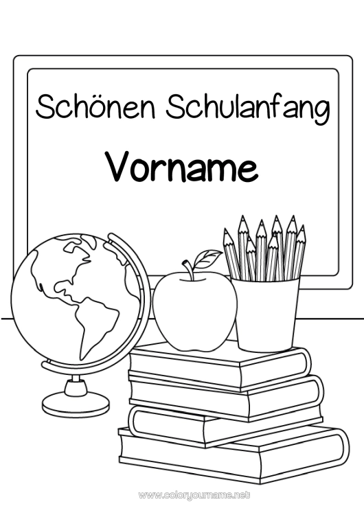 Malvorlage zum Ausdrucken Schule Früchte Buch Apfel Lesen Schulbeginn Klassentafel Stiftehalter