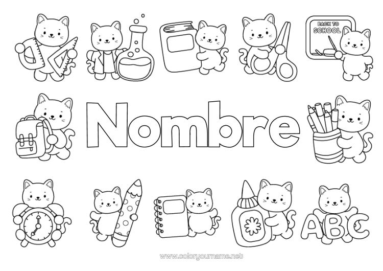 Dibujo para colorear para imprimir Cat Kawaii Escuela Libro Perros Y Gatos Lectura Lápiz Mochila Escolar Regreso A Clases Pizarra De Clase Útiles Escolares Escuadra Ciencia Tijeras Tarro De Lápices