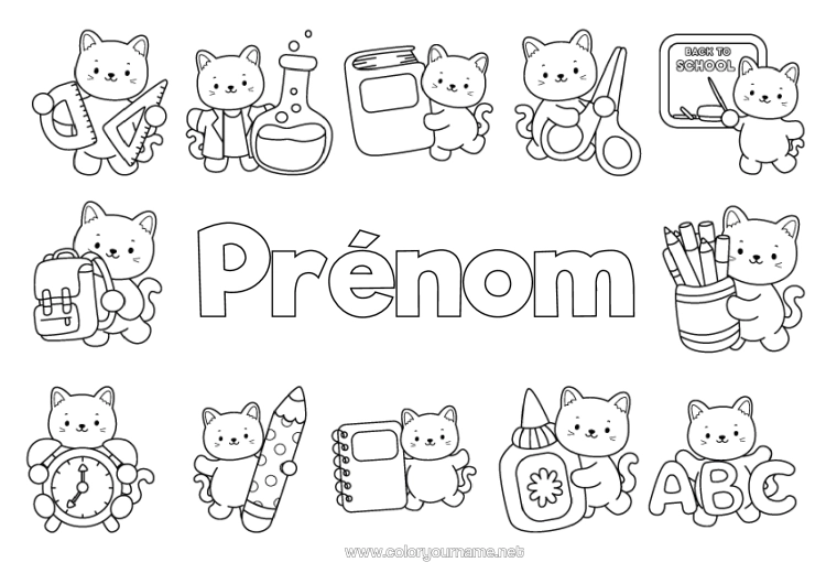 Coloriage à imprimer Chat Kawaii École Livre Chiens Et Chats Lecture Crayon Cartable Rentrée Scolaire Tableau De Classe Fournitures Scolaires Équerre Science Ciseaux Pot De Crayons