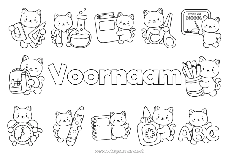 Kleurplaat om af te drukken Kat Kawaii School Boek Honden En Katten Lezen Potlood Schooltas Terug Naar School Schoolbord Schoolbenodigdheden Winkelhaak Wetenschap Schaar Potloodhouder