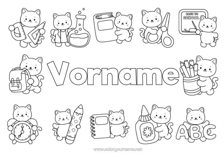 Malvorlage zum Ausdrucken Katze Kawaii Schule Buch Hunde Und Katzen Lesen Bleistift Schultasche Schulbeginn Klassentafel Schulbedarf Winkel Wissenschaft Schere Stiftehalter