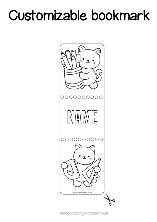 Coloring page to print Cat Kawaii Bookmark School Dog And Cat School Supplies Square Protractor Pencil Holder