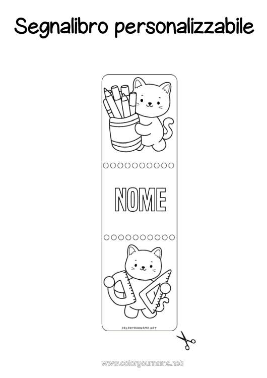 Pagina da colorare da stampare Gatto Kawaii Segnalibro Scuola Cani E Gatti Forniture Scolastiche Squadra Goniometro Barattolo Di Matite