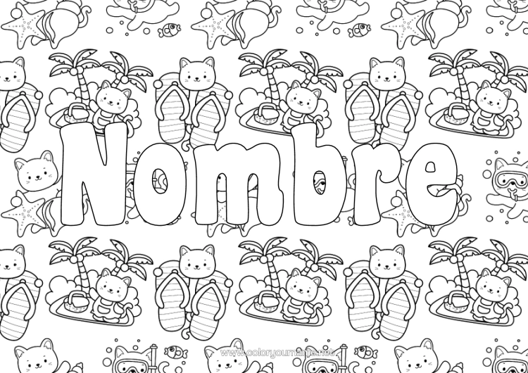 Dibujo para colorear para imprimir Cat Kawaii Verano Chanclas Perros Y Gatos Isla