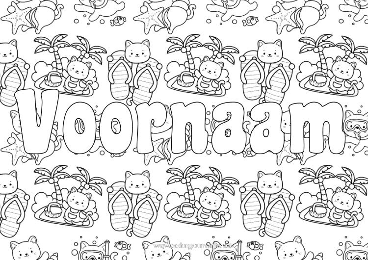Kleurplaat om af te drukken Kat Kawaii Zomer Slippers Honden En Katten Eiland