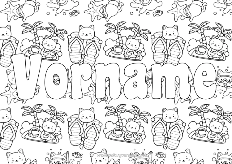 Malvorlage zum Ausdrucken Katze Kawaii Sommer Flip-Flop Hunde Und Katzen Insel
