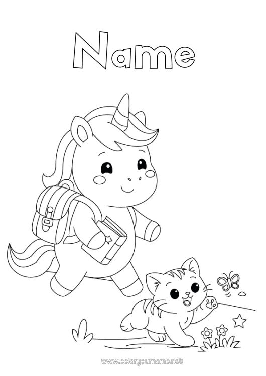 Colouring page to print Cat Unicorn Animal Dogs And Cats Dragons, Unicorns, And Fantastical Creatures School Bag Back To School