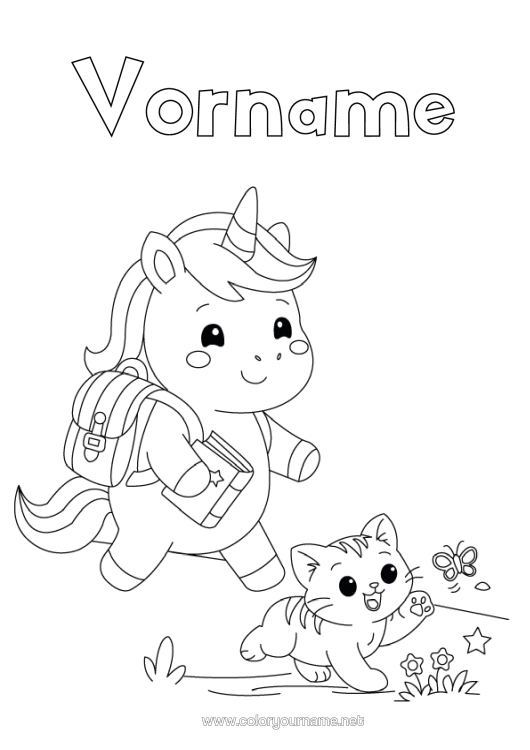 Malvorlage zum Ausdrucken Katze Einhorn Tier Hunde Und Katzen Drachen, Einhörner Und Fantastische Tiere Schultasche Schulbeginn