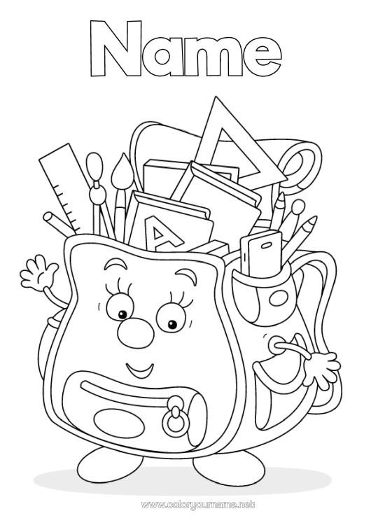 Coloring page to print Brush Schoolbag Back To School School Supplies Cartoon Square