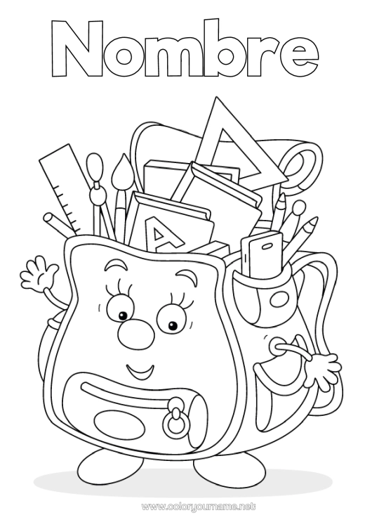 Dibujo para colorear para imprimir Pincel Mochila Escolar Regreso A Clases Útiles Escolares Cartoon Escuadra