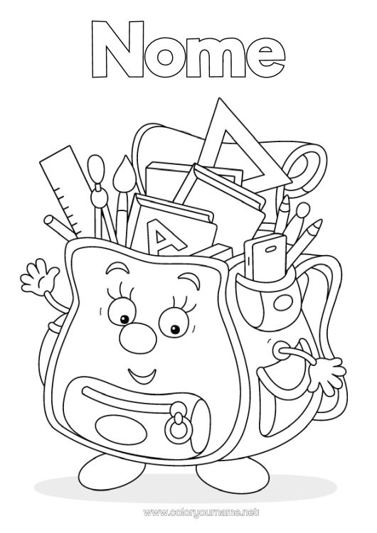 Página de desenho para imprimir Pincel Mochila Volta Às Aulas Materiais Escolares Desenho Animado Esquadro