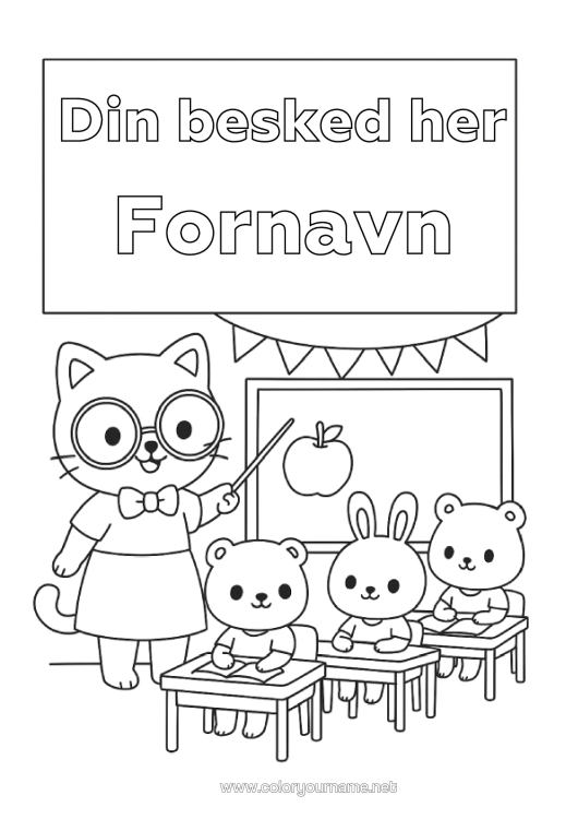 Farvelægningssiden til udskrivning Kat Kanin Dyr Lærer/Lærerinde Skole Hunde Og Katte Skovens Dyr Uddannelsesfag. Skolestart Klasseliste Klasselokale Hæfteomslag