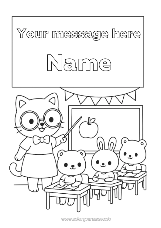 Coloring page to print Cat Bunny Animal Teacher School Dog And Cat Forest Animals Education Professions Back To School Class Board Classroom Notebook Covers