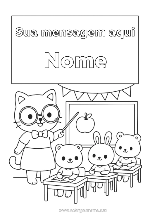 Página de desenho para imprimir Gato Coelho Animal Professora/Professor Escola Cães E Gatos Animais Da Floresta Profissões De Educação Volta Às Aulas Quadro-Negro Sala De Aula Capas De Caderno