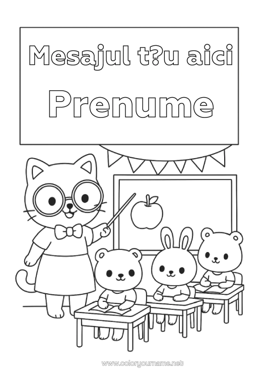 Pagină de colorat de imprimat Pisică Iepure Animal Învățătoare/Învățător Școală Câini Și Pisici Animale Din Pădure Meserii În Educație Întoarcerea La Școală Tablă De Clasă Sală De Clasă Copertă De Caiet