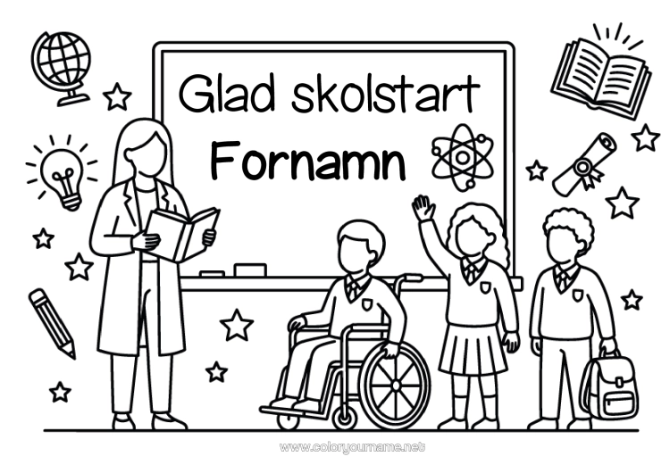 Färgläggningssida att skriva ut Lärare Utbildningsyrken Skolstart "God Återkomst!" Klassrumstavla Elev Rullstol
