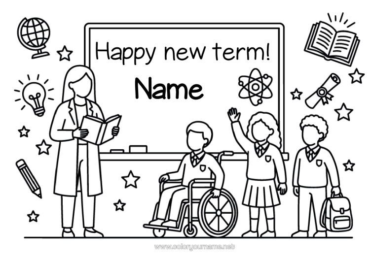 Colouring page to print Mistress/Master Education Professions Back To School "Happy Return To School!" Classroom Board Pupil Wheelchair