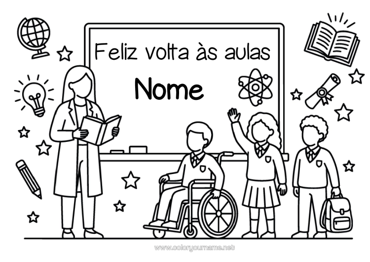 Página de desenho para imprimir Professora/Professor Profissões De Educação Volta Às Aulas Mensagem De Boas-Vindas Quadro-Negro Estudante Cadeira De Rodas
