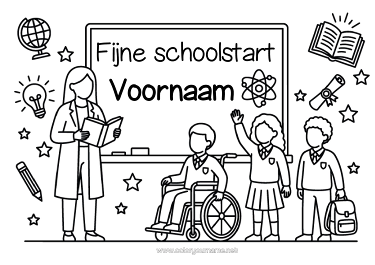 Kleurplaat om af te drukken Juf/Meester Onderwijsberoepen Terug Naar School "Goede Terugkomst" Bericht Schoolbord Leerling Rolstoel