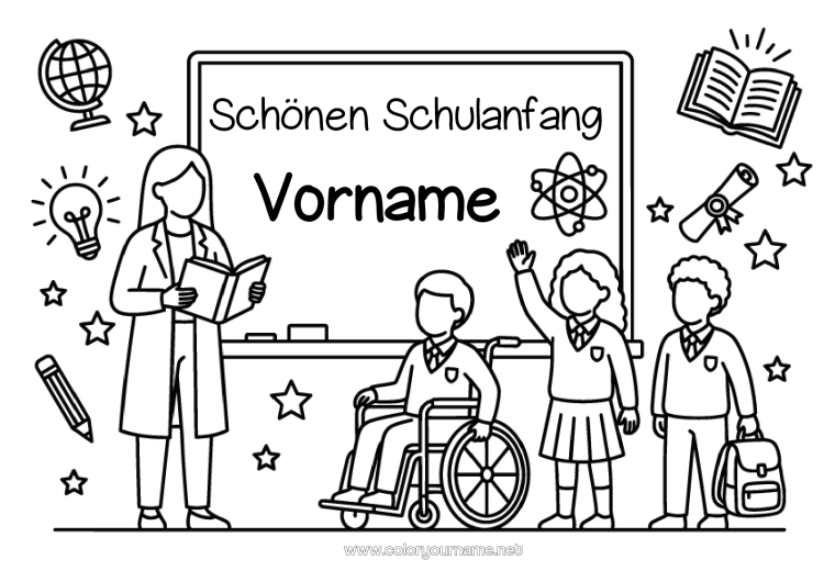 Malvorlage zum Ausdrucken Lehrer/Lehrerin Büroberufe Schulbeginn "Gutes Comeback" Nachricht Klassentafel Schüler Rollstuhl