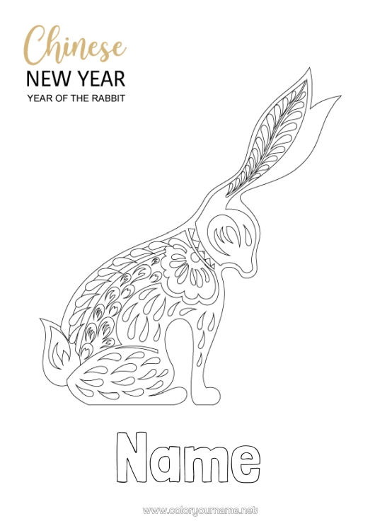Colouring page to print Rabbit 2023 Chinese New Year Forest Animals