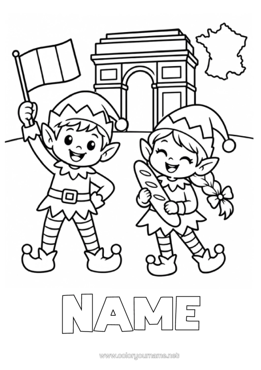 Coloring page to print Elves Coloring Pages France Arc De Triomphe Christmas Elf Trip For Several Christmas Elves Traveling Christmas Elves