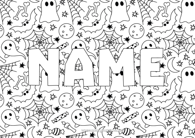 Coloring page to print Bat Ghost Halloween Flying Birds And Mammals Spider Web Decorative Background