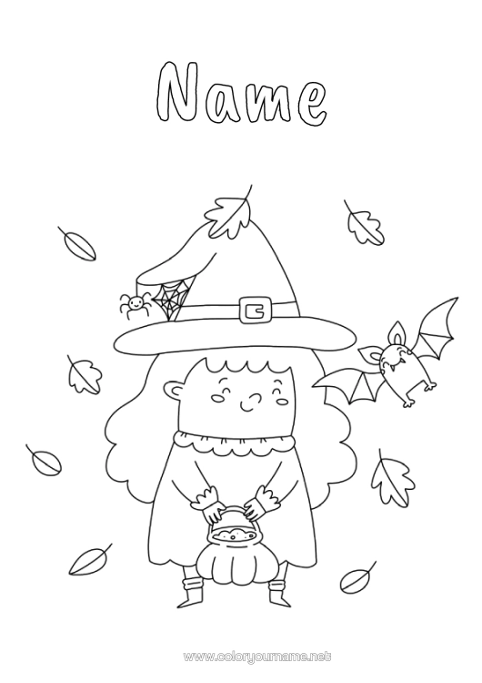 Colouring page to print Bat Pumpkin Spider Witch Leaves Insects Birds And Flying Mammals Dead Leaves