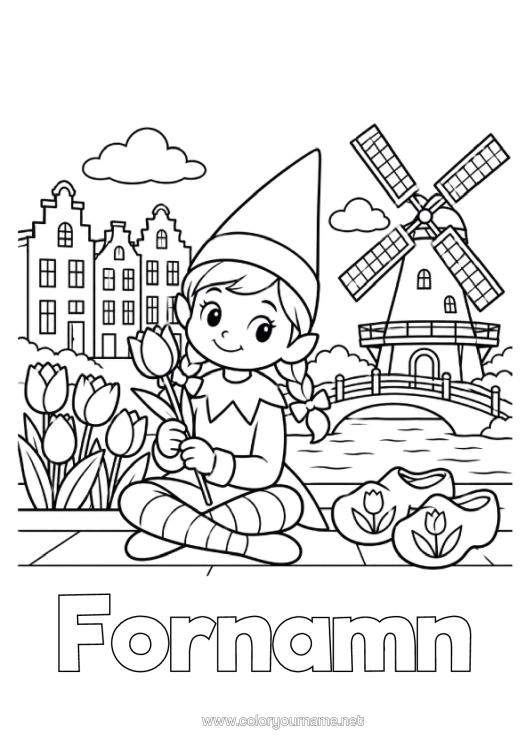 Färgläggningssida att skriva ut Blommor Julnissar Tomtefärgläggningar Tulpan Kvarn Julälvens Resa Nederländerna