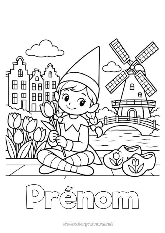 Coloriage à imprimer Fleurs Lutins De Noël Coloriages Lutins Tulipe Moulin Voyage De Lutin Farceur Pays Bas