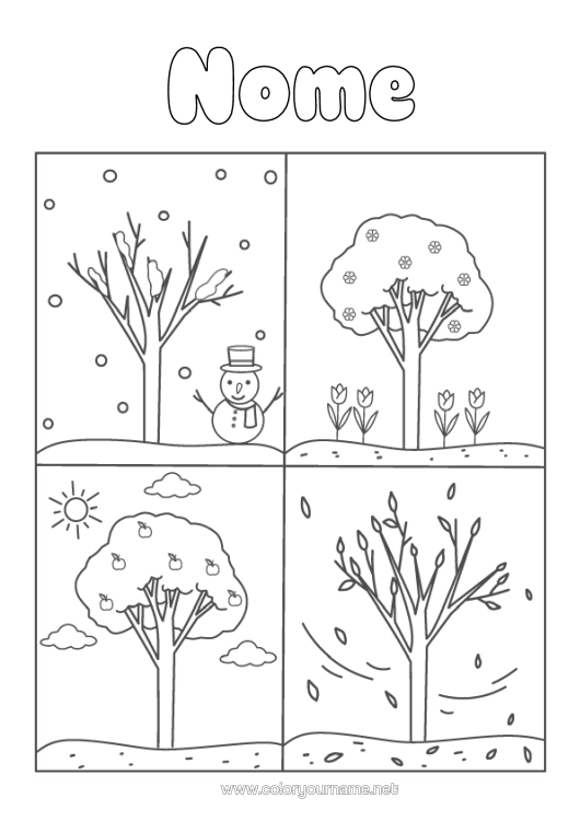 Página de desenho para imprimir Inverno Verão Outono Primavera Árvore 4 Estações
