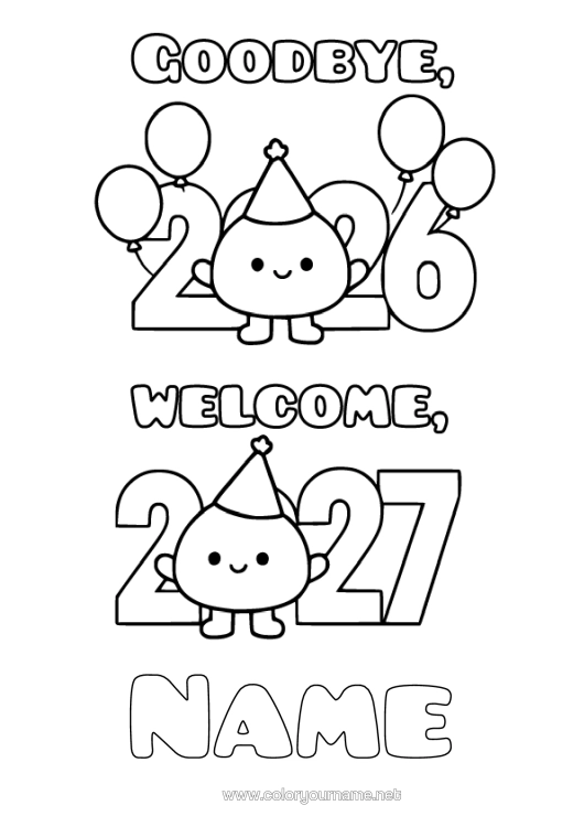 Coloring page to print Happy New Year 2026 2027