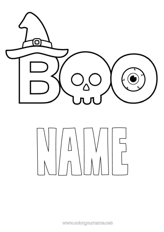 Coloring page to print Halloween Skull Eye Wizard Hat Boo