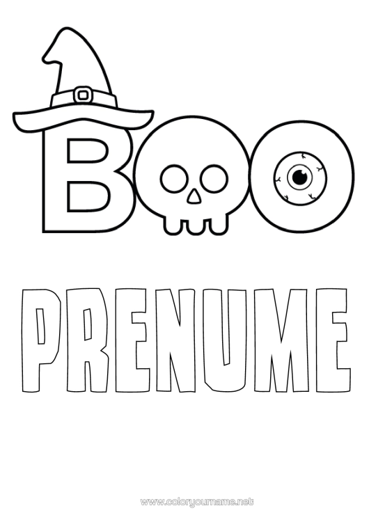 Pagină de colorat de imprimat Halloween Cranium Ochi Pălărie De Vrăjitor Boo