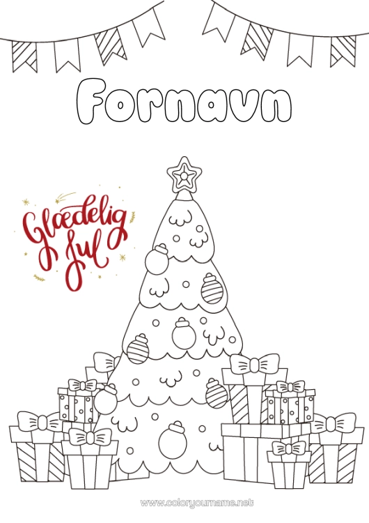 Farvelægningssiden til udskrivning Gaver Juletræ Jul "Glædelig Jul"