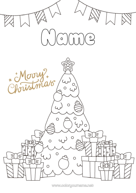 Coloring page to print Gifts Christmas Tree Christmas “Merry Christmas” Message