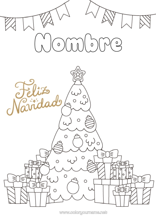 Dibujo para colorear para imprimir Regalos Árbol De Navidad Navidad Mensaje “Feliz Navidad”