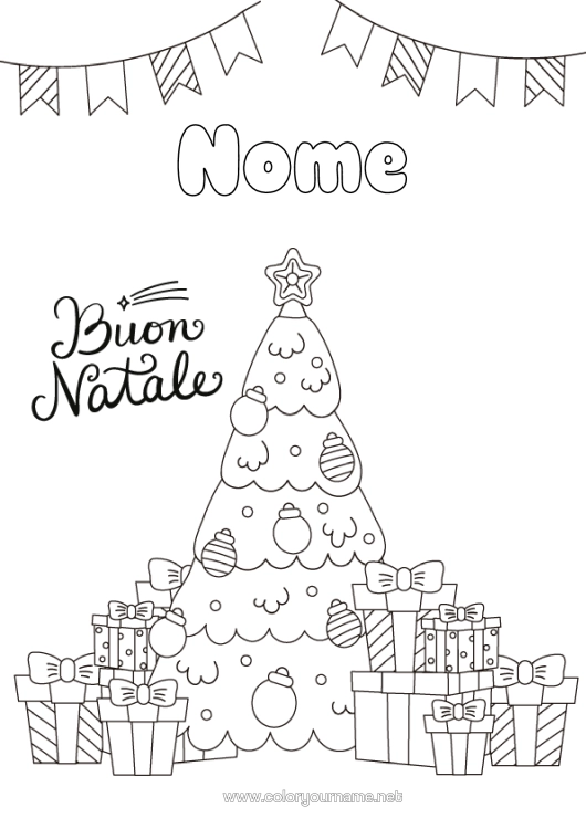 Pagina da colorare da stampare Regali Albero Di Natale Natale Messaggio "Buon Natale"