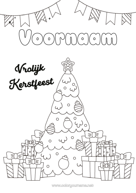Kleurplaat om af te drukken Cadeaus Kerstboom Kerstmis "Vrolijk Kerstfeest" Bericht