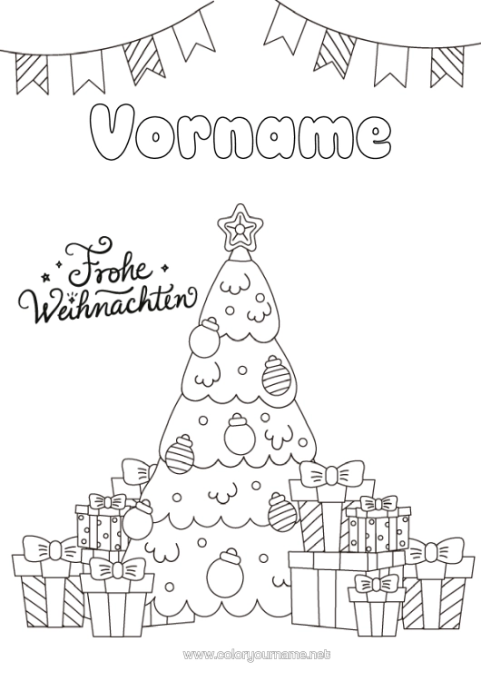 Malvorlage zum Ausdrucken Geschenke Weihnachtsbaum Weihnachten "Fröhliche Weihnachten" Nachricht
