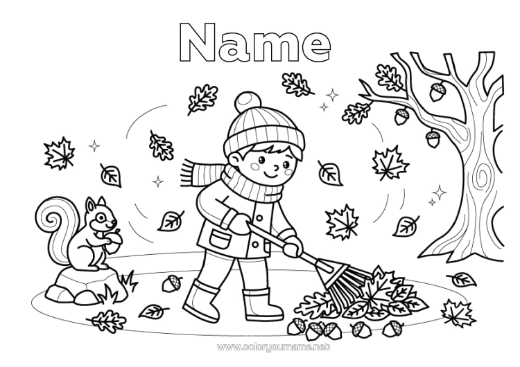 Colouring page to print Squirrel Boy Autumn Forest Animals Gland Dead Leaves