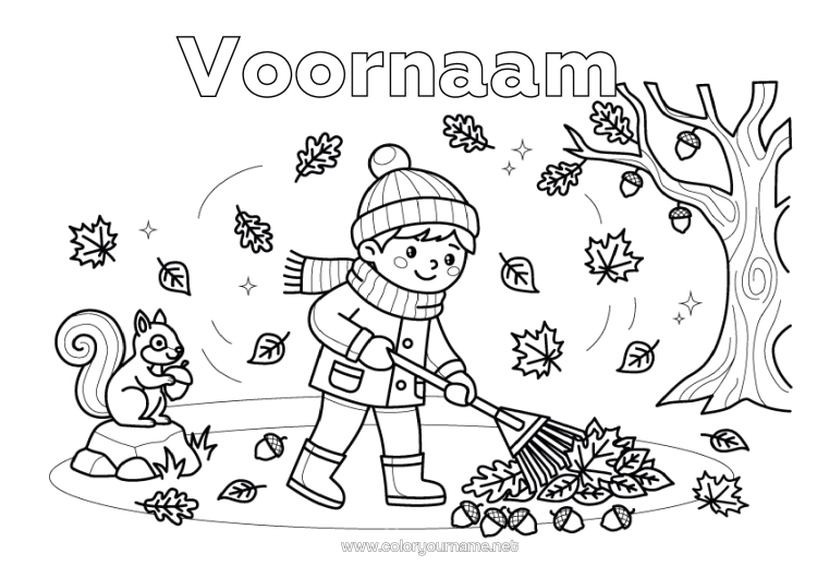 Kleurplaat om af te drukken Eekhoorn Jongen Herfst Bosdieren Eikel Dode Bladeren