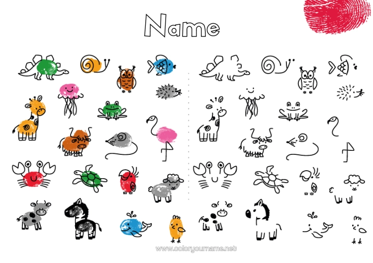 Coloring page to print Sheep Dinosaurs Giraffe Zebra Turtle Whale Children's Activities Animal Cow Snail Crab Marine Or Aquatic Animals Reptiles Farm Animals Wild Animals Of Africa Other Animals Of The World Bison Fingerprint