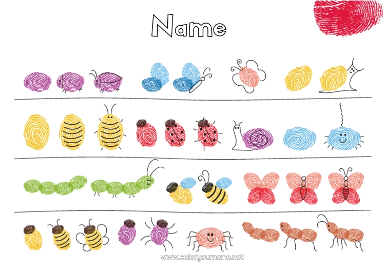 Colouring page to print Spider Butterfly Children's Activities Bee Snail Ladybird Ant Insects Caterpillar Fingerprint