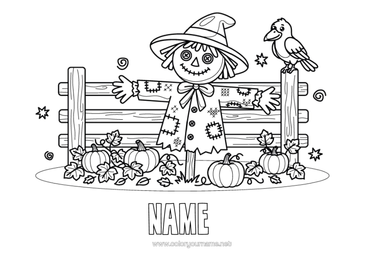 Coloring page to print Pumpkin Autumn Flying Birds And Mammals Scarecrow Raven