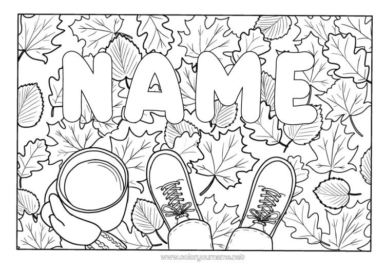 Coloring page to print Autumn Mug Leaves Coffee Tea Drinks Shoe Dead Leaves
