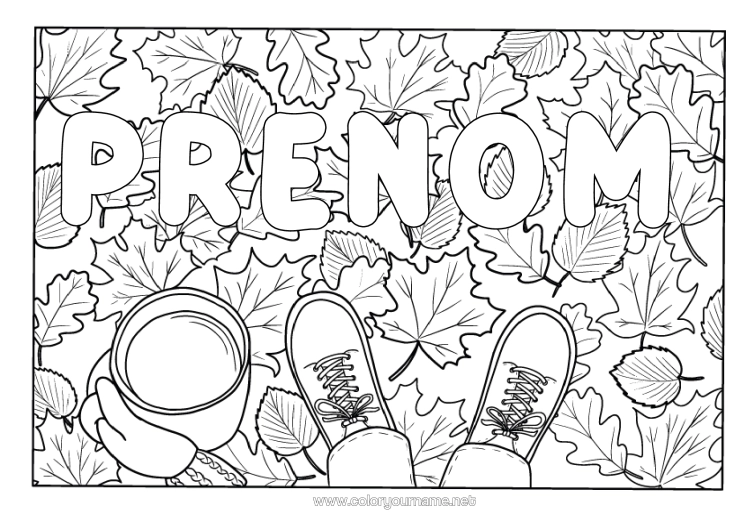 Coloriage à imprimer Automne Tasse Feuilles Café Thé Boisson Chaussure Feuilles Mortes