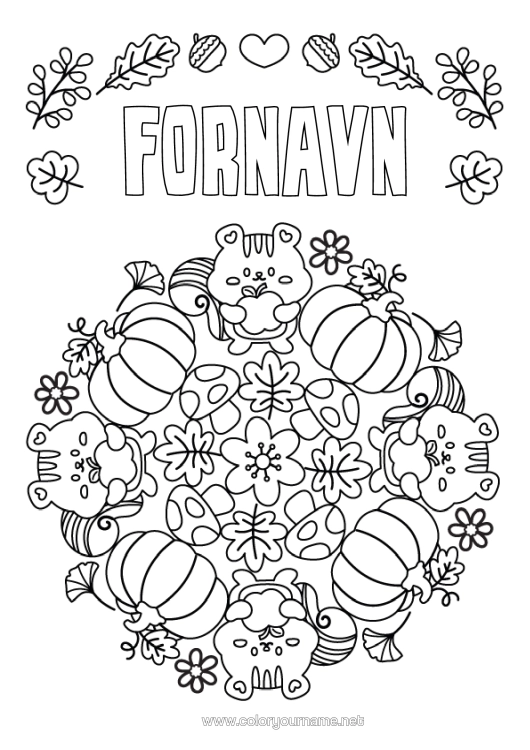 Fargeleggingssiden til utskrift Gresskar Blomster Mandala Ekorn Sopp Frukter Skogsdyr Eple