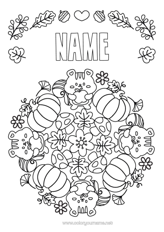 Coloring page to print Pumpkin Flowers Mandala Squirrel Mushroom Fruits Forest Animals Apple
