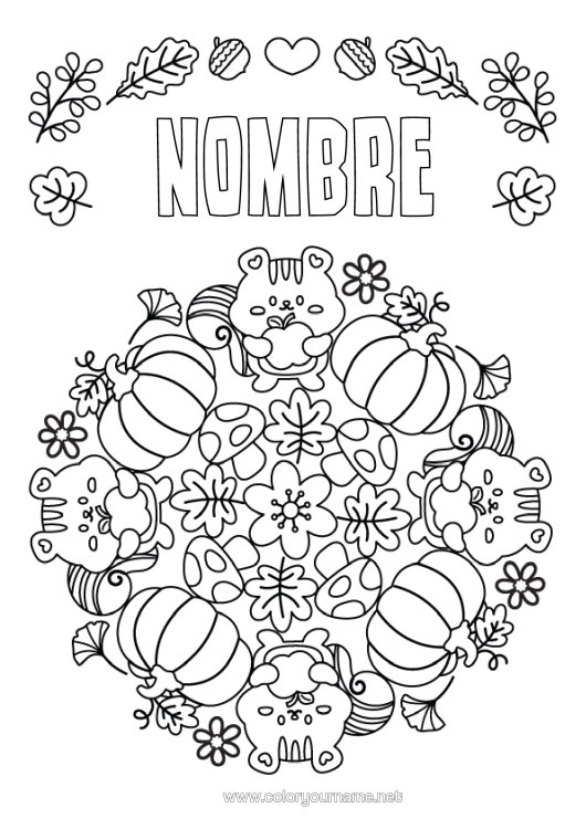 Dibujo para colorear para imprimir Calabaza Flores Mandala Ardilla Champiñone Frutas Animales Del Bosque Manzana